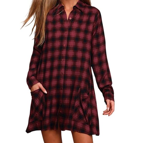Lulus Blissful Weekend Burgundy Plaid Long Sleeve Shirt Dress Small Gorpcore - Picture 7 of 8